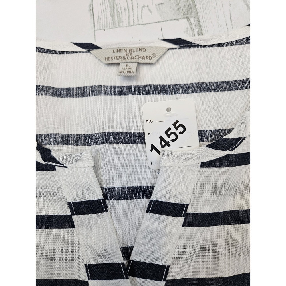 Hester & Orchard Linen Blend Top Striped Blue White Large 3/4 Sleeves - Picture 9 of 9
